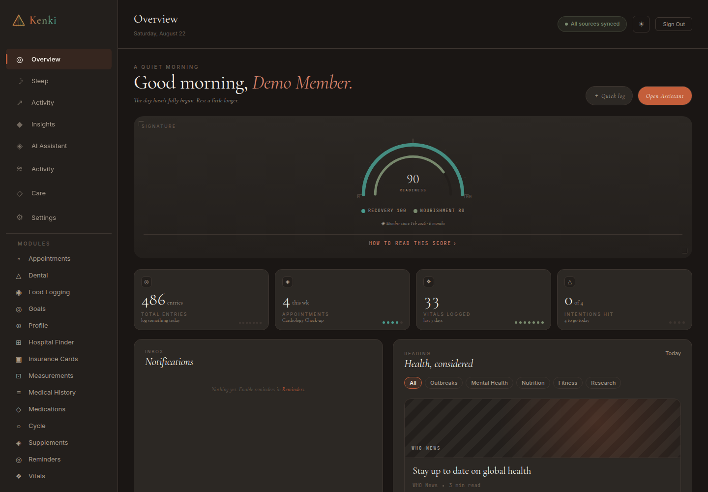 Current Kenki Dashboard with test-data readiness, health summaries, and Assistant access.